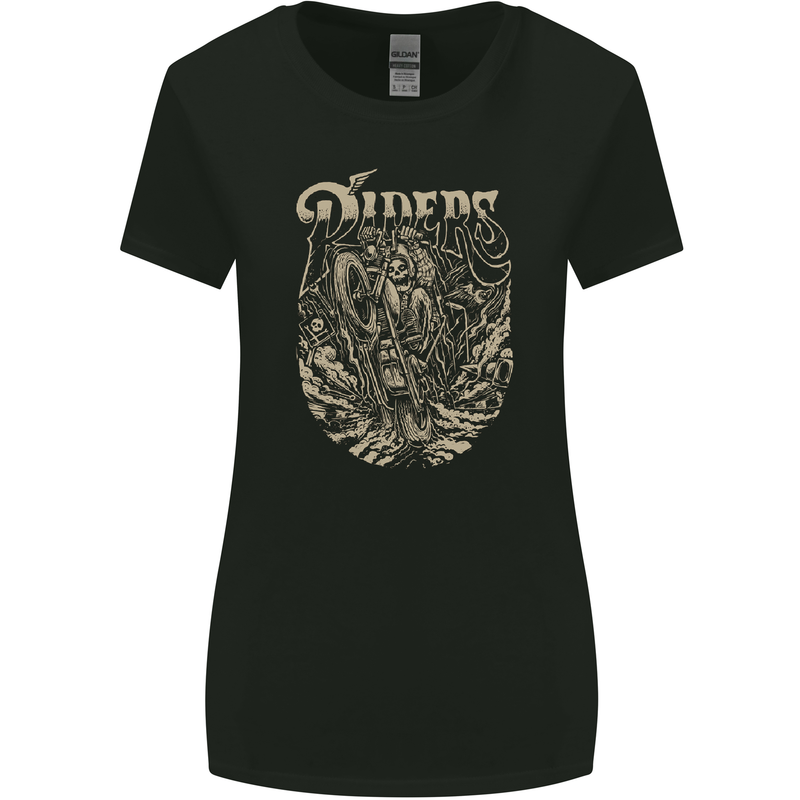 Riders Skull Biker Motorbike Motorcycle Womens Wider Cut T-Shirt Black