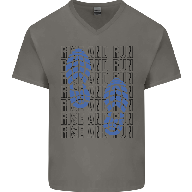 Rise & Run Running Marathon Cross Country Runner Mens V-Neck Cotton T-Shirt Charcoal
