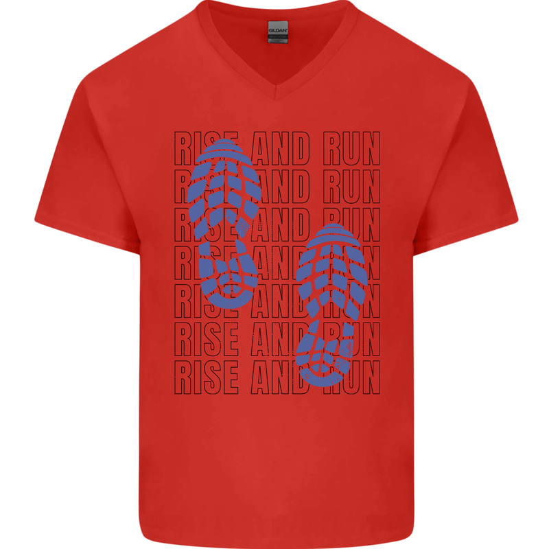 Rise & Run Running Marathon Cross Country Runner Mens V-Neck Cotton T-Shirt Red