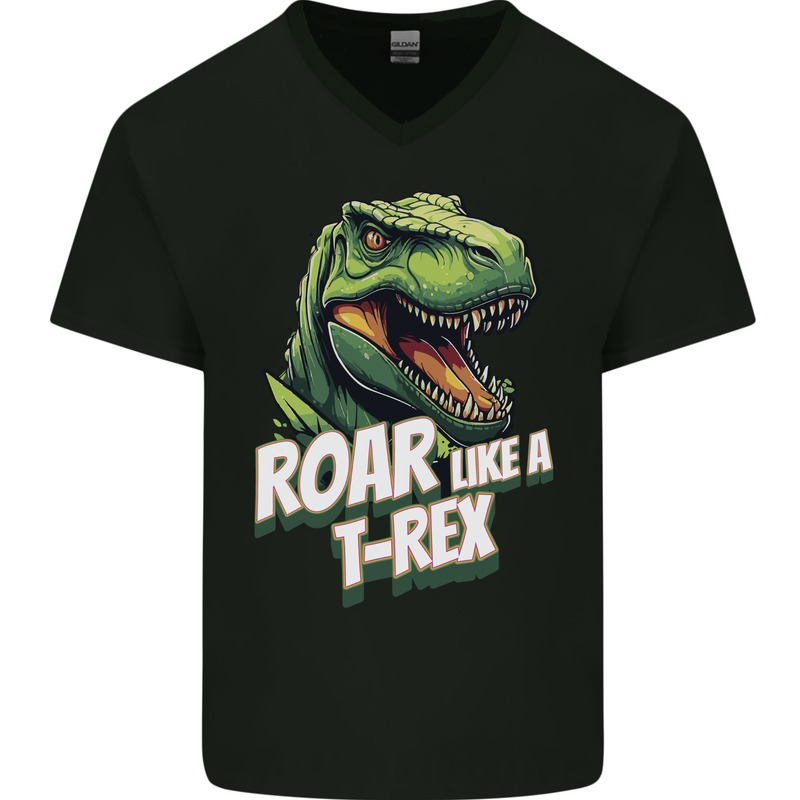 Roar Like a T-Rex Dinosaur Mens V-Neck Cotton T-Shirt Black