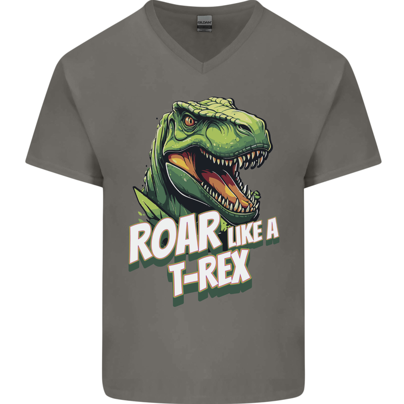 Roar Like a T-Rex Dinosaur Mens V-Neck Cotton T-Shirt Charcoal