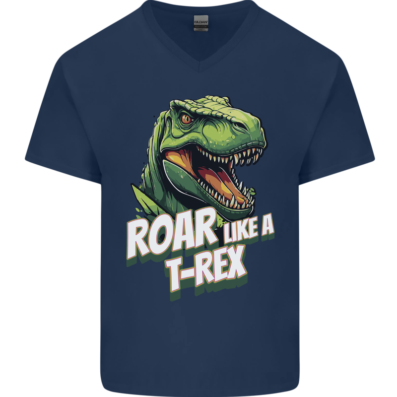 Roar Like a T-Rex Dinosaur Mens V-Neck Cotton T-Shirt Navy Blue