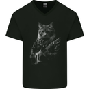 Rock Cat with an Electric Guitar Mens V-Neck Cotton T-Shirt Black