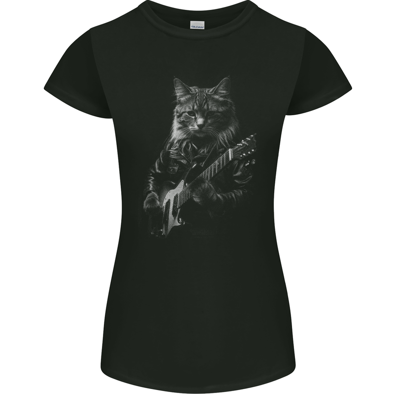 Rock Cat with an Electric Guitar Womens Petite Cut T-Shirt Black