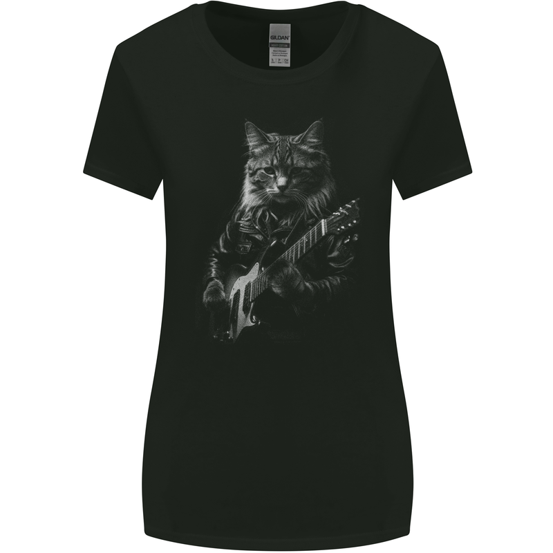 Rock Cat with an Electric Guitar Womens Wider Cut T-Shirt Black