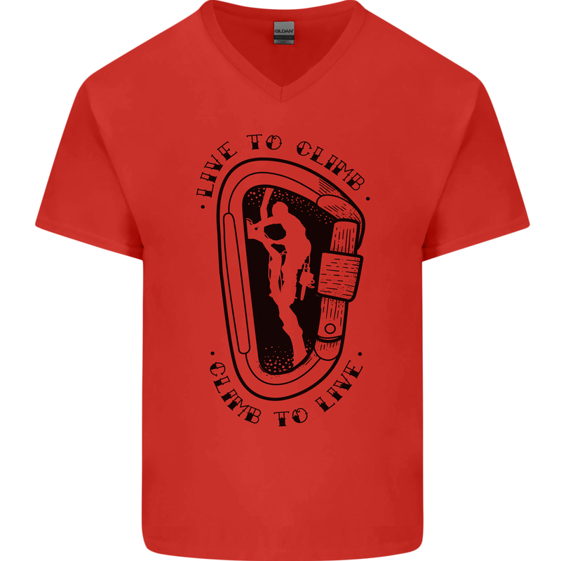 Rock Climbing Live to Climb  Climber Mens V-Neck Cotton T-Shirt Red