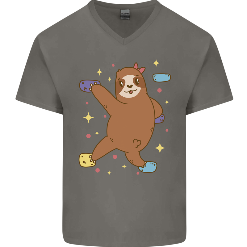Rock Climbing Sloth Climber Mens V-Neck Cotton T-Shirt Charcoal