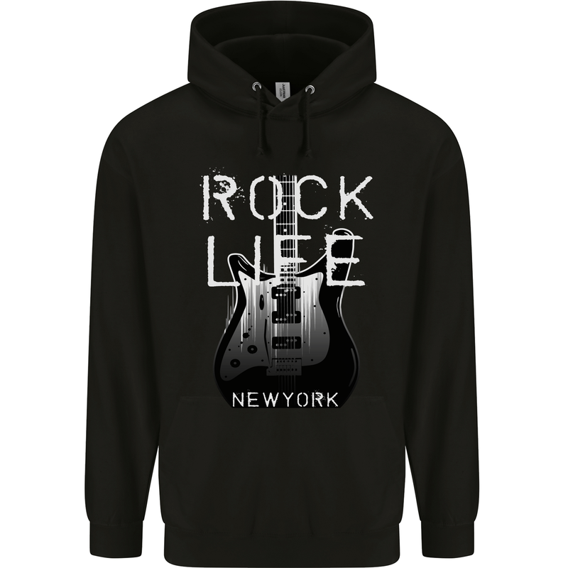 Rock Life Electric Guitar Music New York Band Mens 80% Cotton Hoodie Black