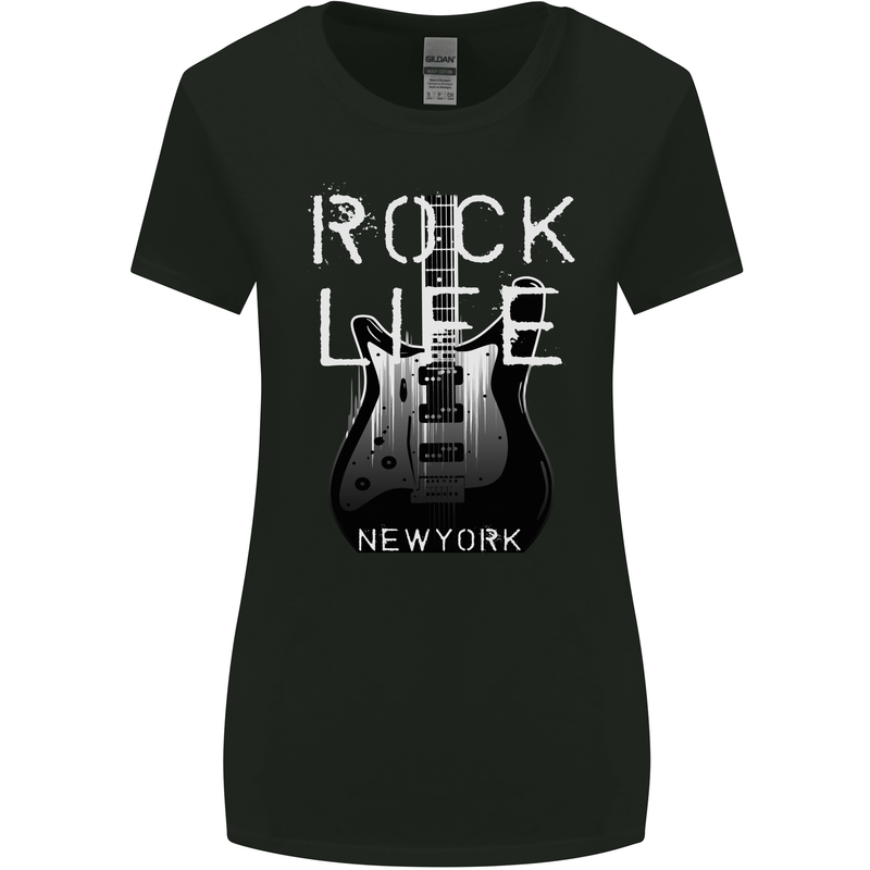 Rock Life Electric Guitar Music New York Band Womens Wider Cut T-Shirt Black