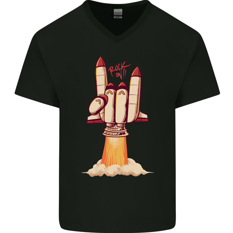 Rock On Salute Funny Space Rocket Ship Mens V-Neck Cotton T-Shirt Black