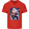 Rock Santa Playing Electric Guitar Christmas Xmas Mens V-Neck Cotton T-Shirt Red