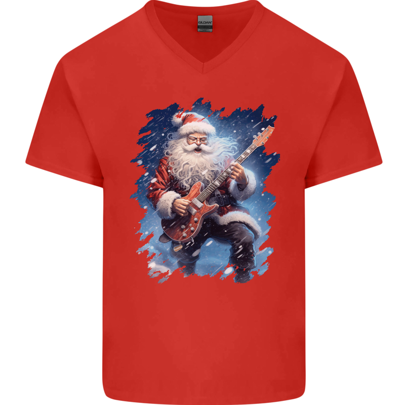 Rock Santa Playing Electric Guitar Christmas Xmas Mens V-Neck Cotton T-Shirt Red