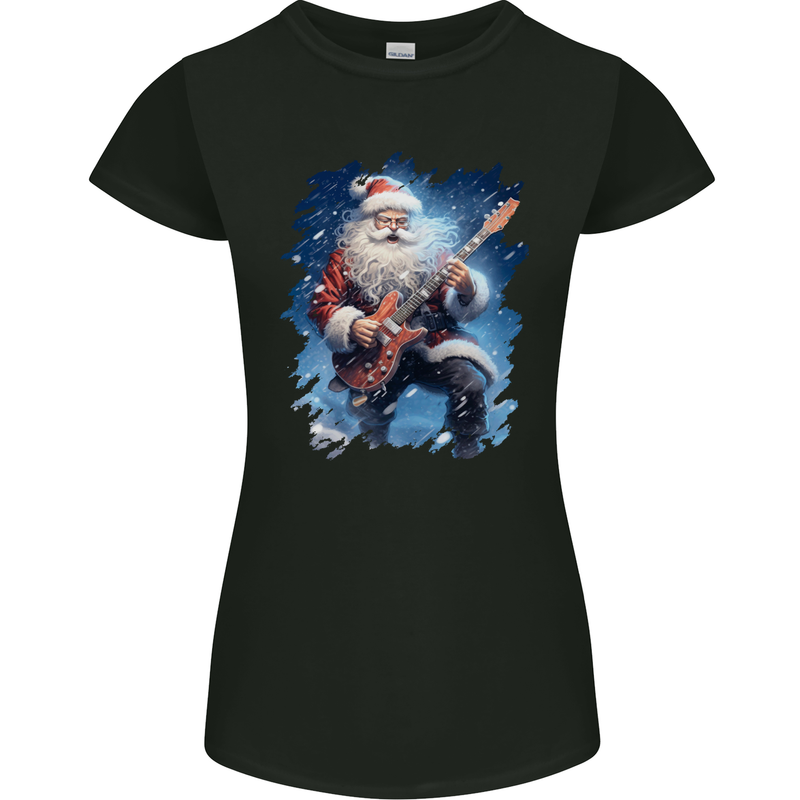 Rock Santa Playing Electric Guitar Christmas Xmas Womens Petite Cut T-Shirt Black