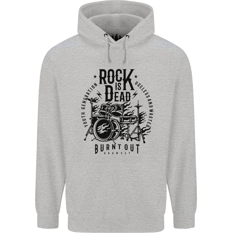 Rock is Dead Drum Kit Drummer Drumming Childrens Kids Hoodie Sports Grey