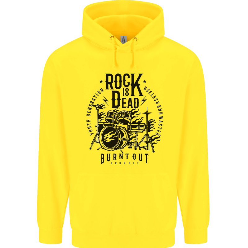 Rock is Dead Drum Kit Drummer Drumming Childrens Kids Hoodie Yellow