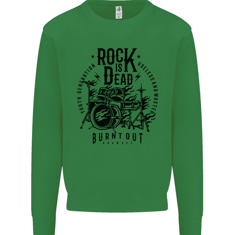 Rock is Dead Drum Kit Drummer Drumming Kids Sweatshirt Jumper Irish Green