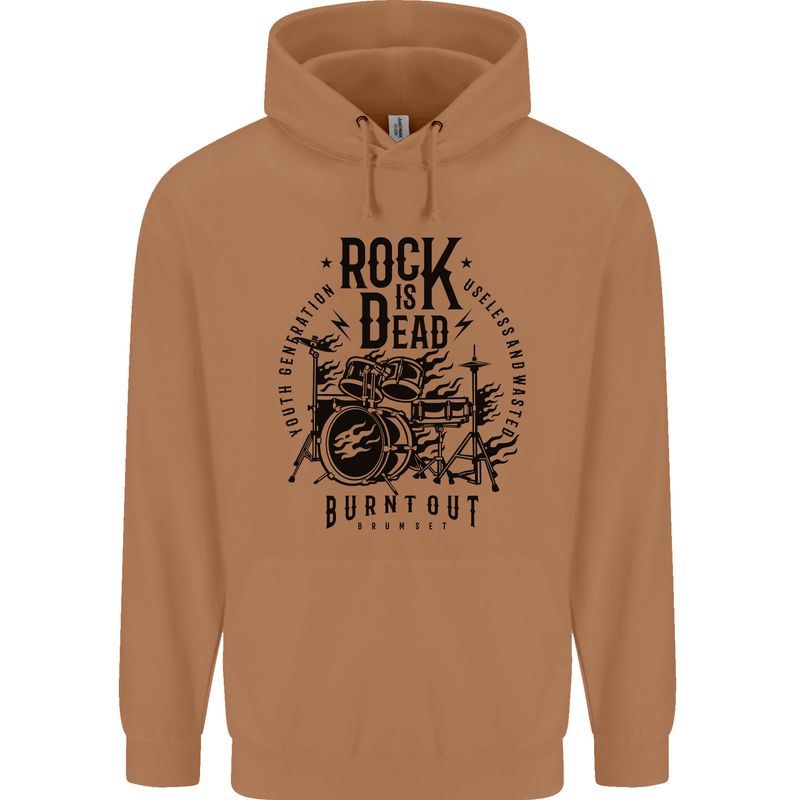 Rock is Dead Drum Kit Drummer Drumming Mens 80% Cotton Hoodie Caramel Latte