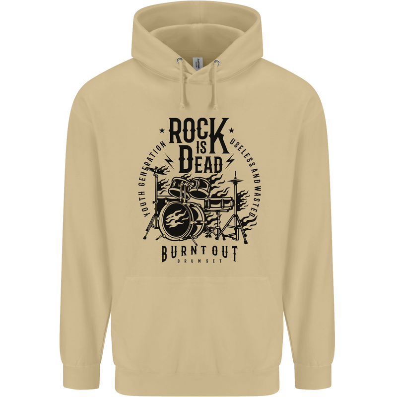 Rock is Dead Drum Kit Drummer Drumming Mens 80% Cotton Hoodie Sand