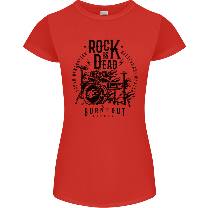 Rock is Dead Drum Kit Drummer Drumming Womens Petite Cut T-Shirt Red