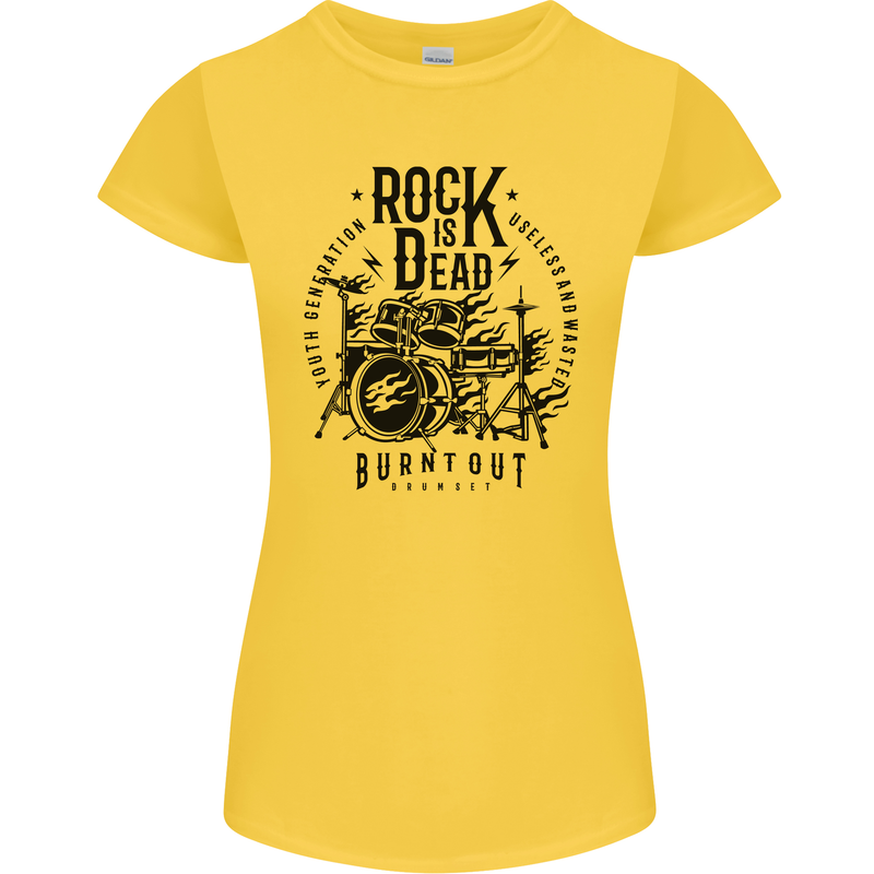 Rock is Dead Drum Kit Drummer Drumming Womens Petite Cut T-Shirt Yellow