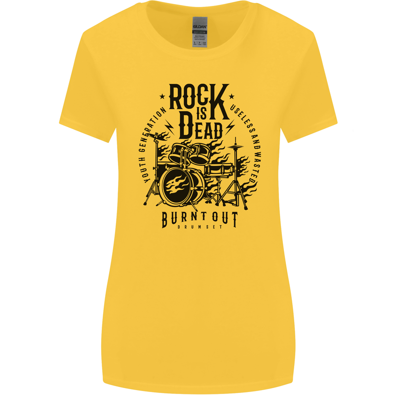 Rock is Dead Drum Kit Drummer Drumming Womens Wider Cut T-Shirt Yellow