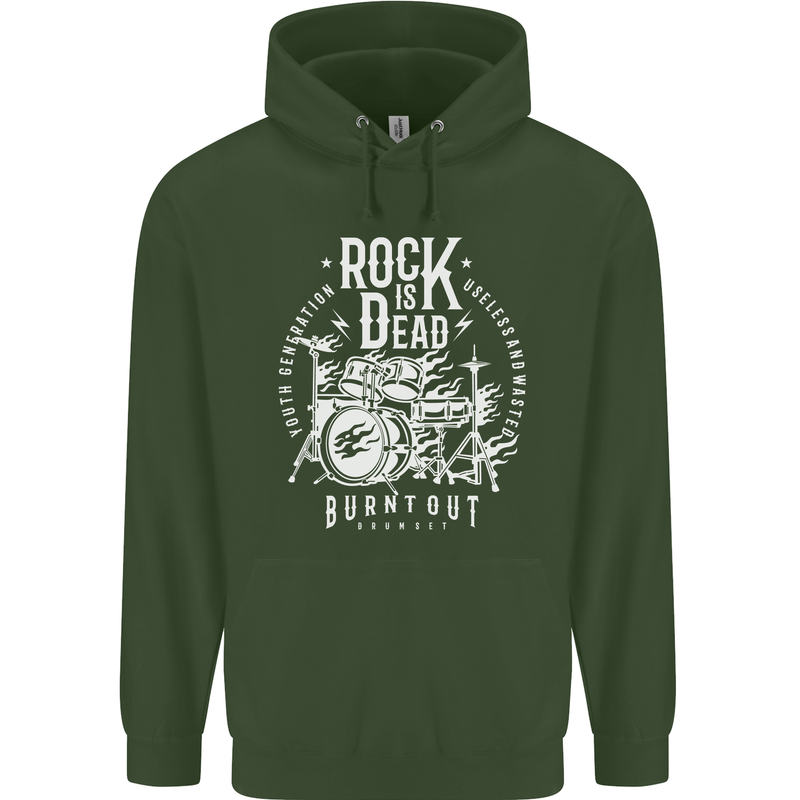 Rock is Dead Music Drummer Drumming Childrens Kids Hoodie Forest Green