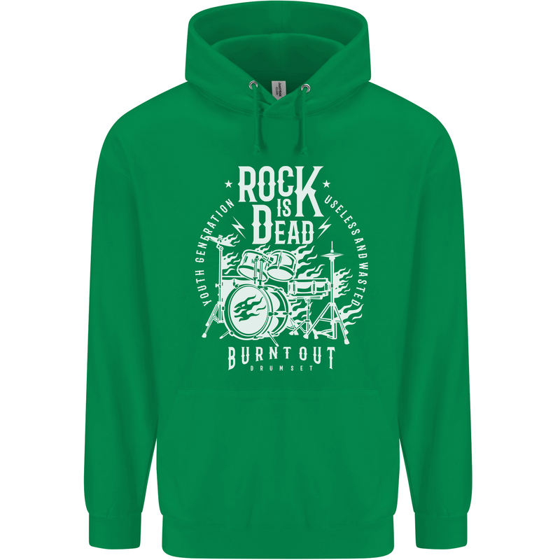 Rock is Dead Music Drummer Drumming Childrens Kids Hoodie Irish Green