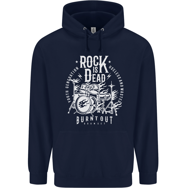 Rock is Dead Music Drummer Drumming Childrens Kids Hoodie Navy Blue