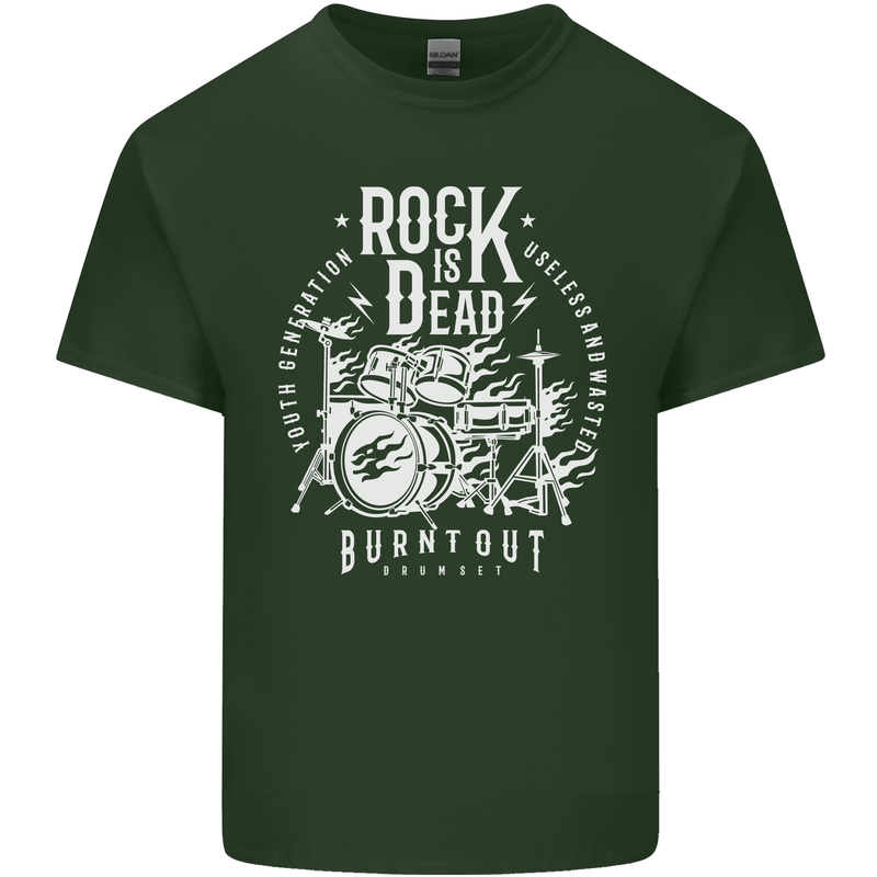 Rock is Dead Music Drummer Drumming Mens Cotton T-Shirt Tee Top Forest Green