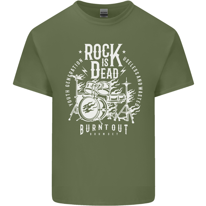 Rock is Dead Music Drummer Drumming Mens Cotton T-Shirt Tee Top Military Green