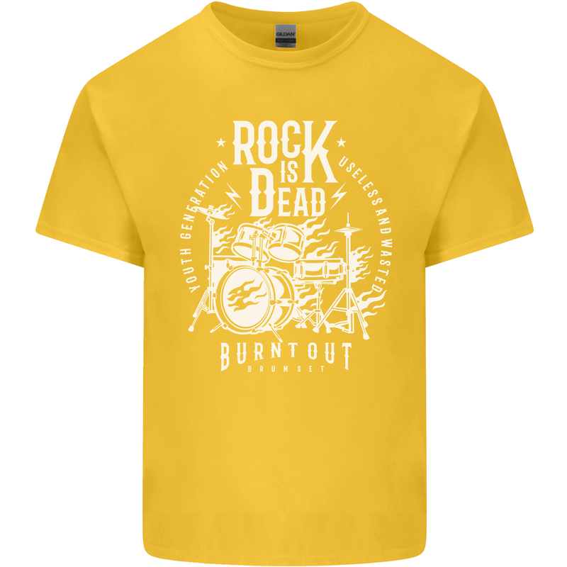 Rock is Dead Music Drummer Drumming Mens Cotton T-Shirt Tee Top Yellow