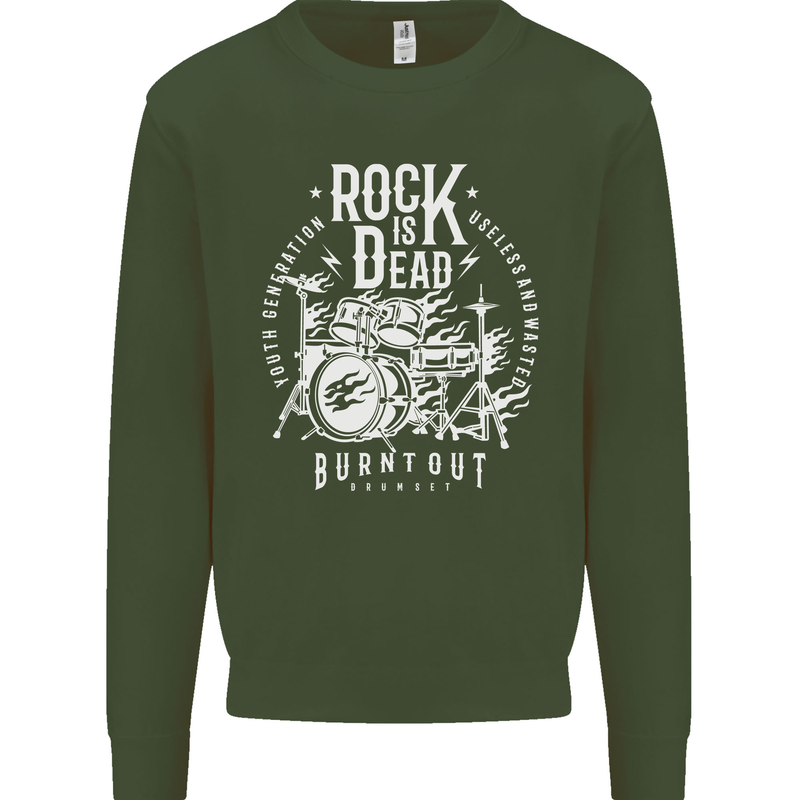 Rock is Dead Music Drummer Drumming Mens Sweatshirt Jumper Forest Green