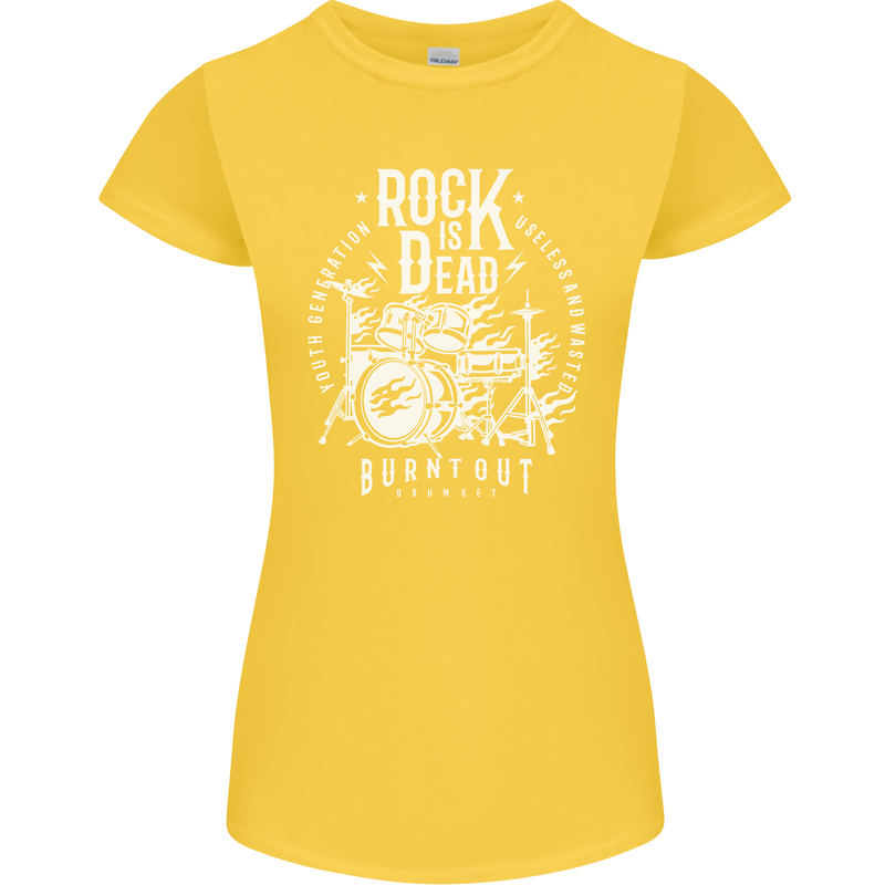 Rock is Dead Music Drummer Drumming Womens Petite Cut T-Shirt Yellow