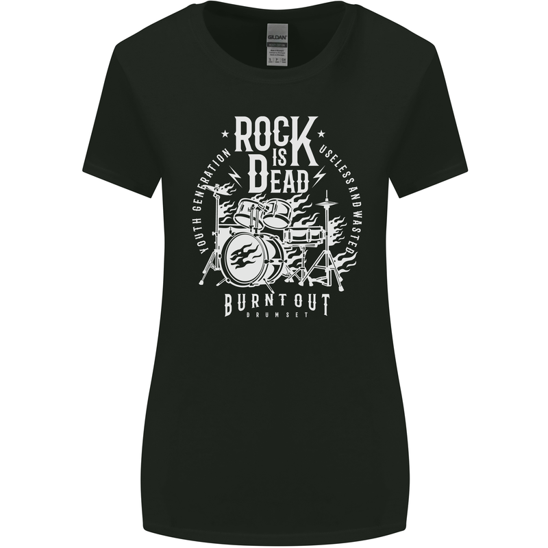 Rock is Dead Music Drummer Drumming Womens Wider Cut T-Shirt Black