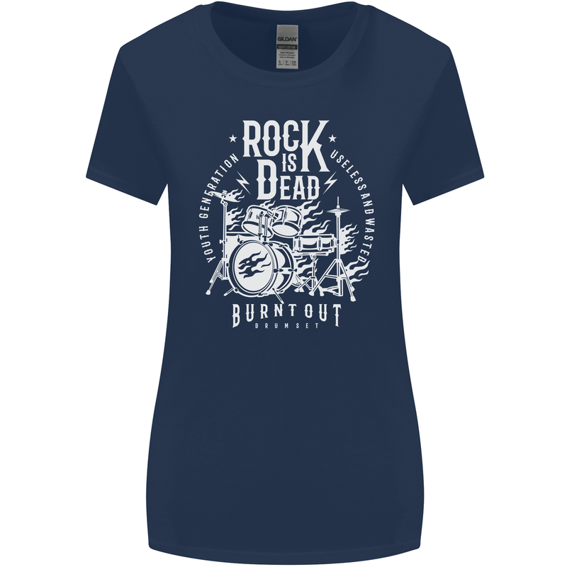 Rock is Dead Music Drummer Drumming Womens Wider Cut T-Shirt Navy Blue