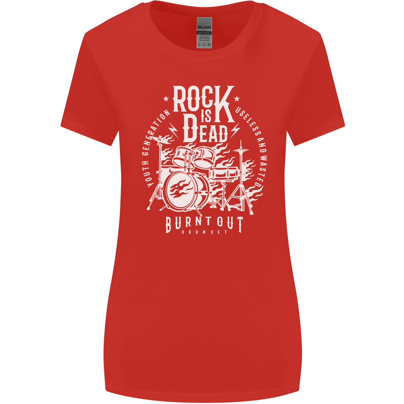 Rock is Dead Music Drummer Drumming Womens Wider Cut T-Shirt Red