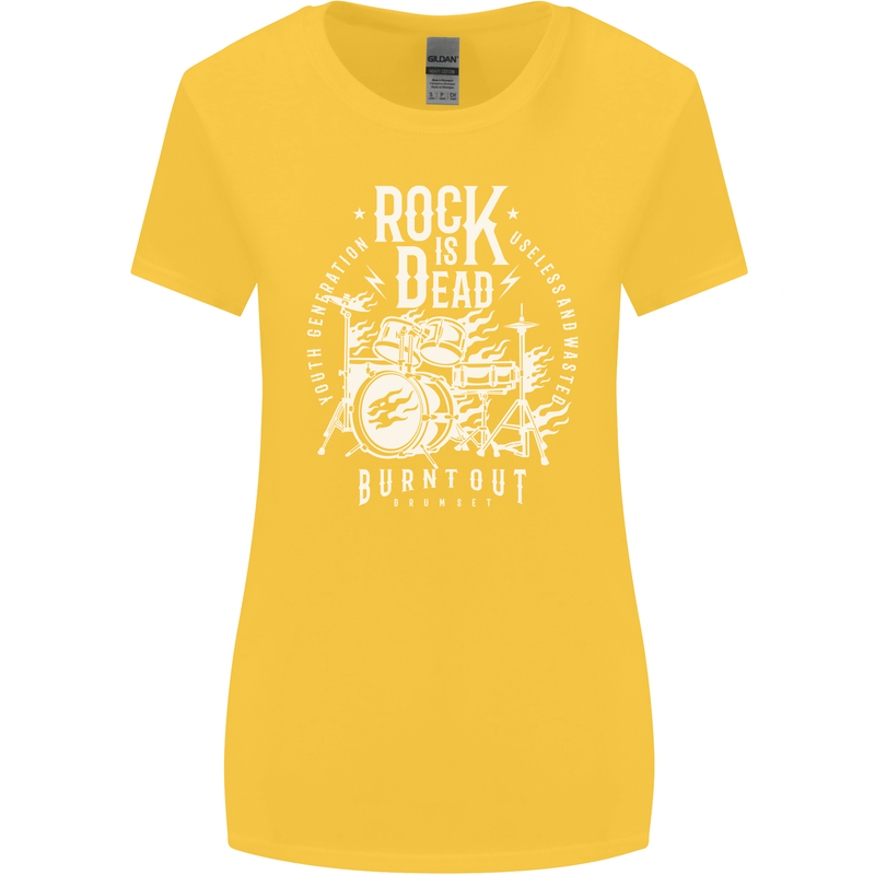 Rock is Dead Music Drummer Drumming Womens Wider Cut T-Shirt Yellow