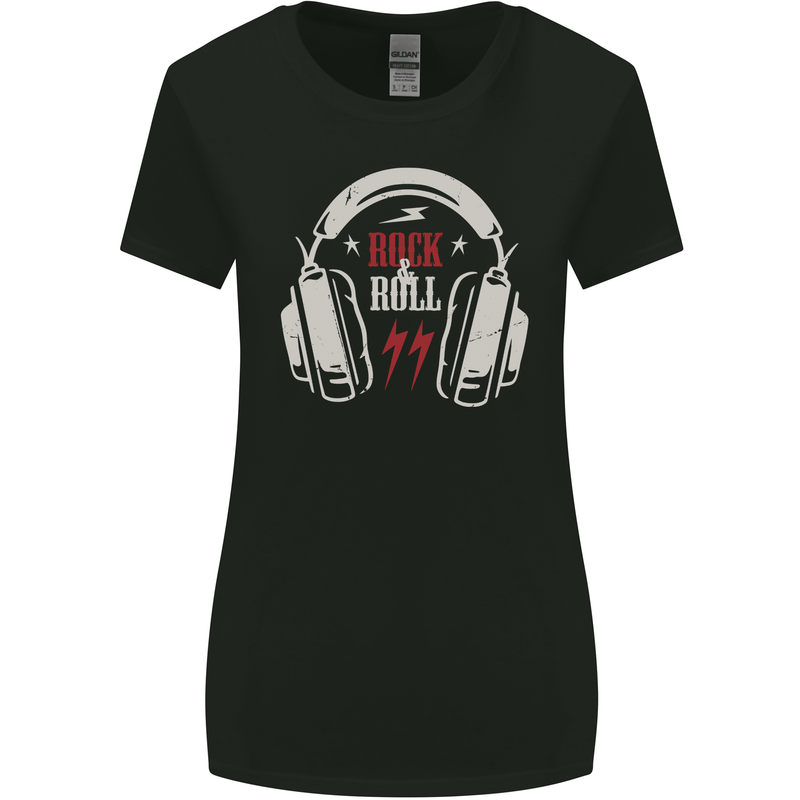 Rock n Roll Headphones Music Womens Wider Cut T-Shirt Black