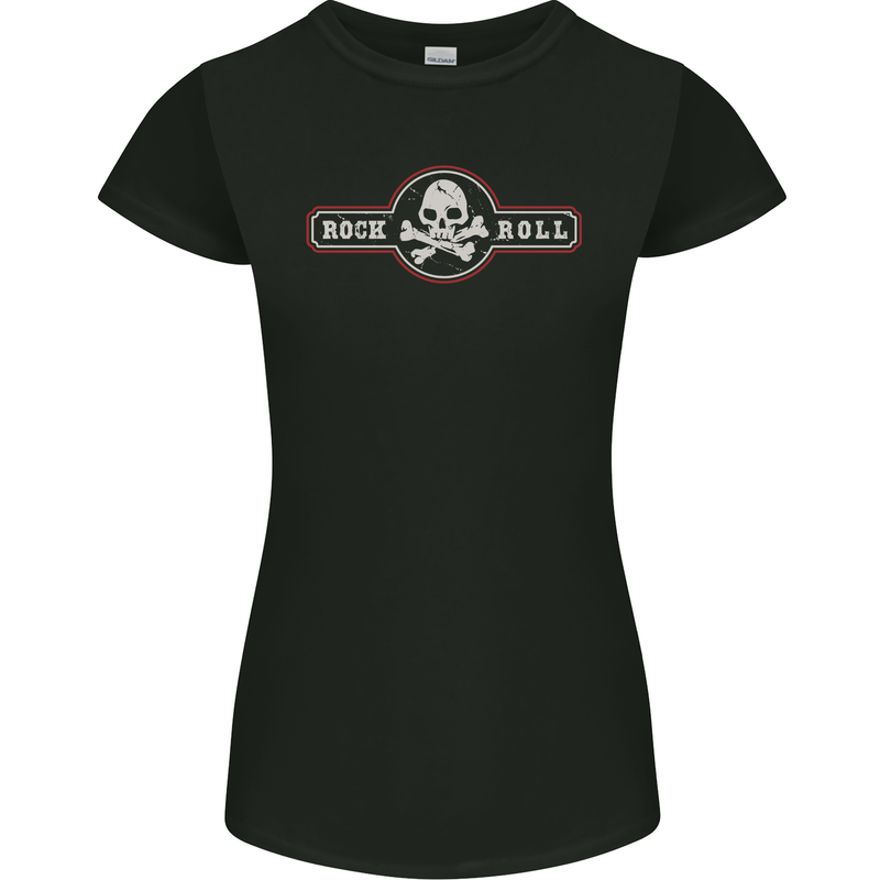 Rock n Roll Music Skull Womens Petite Cut T-Shirt Black