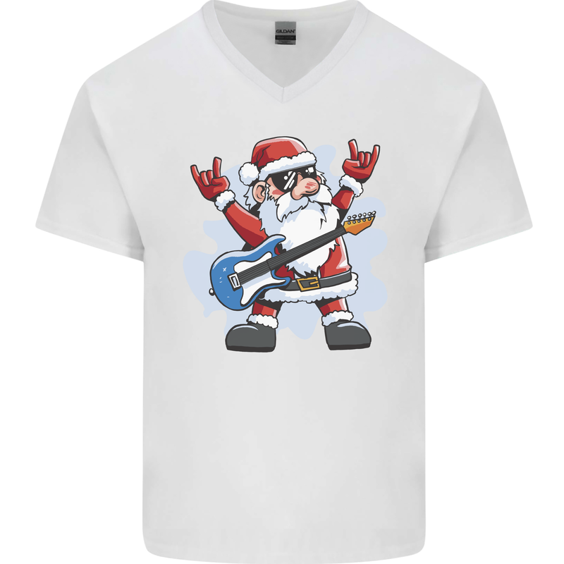 Rock n Roll Santa Electric Guitar Christmas Xmas Mens V-Neck Cotton T-Shirt White