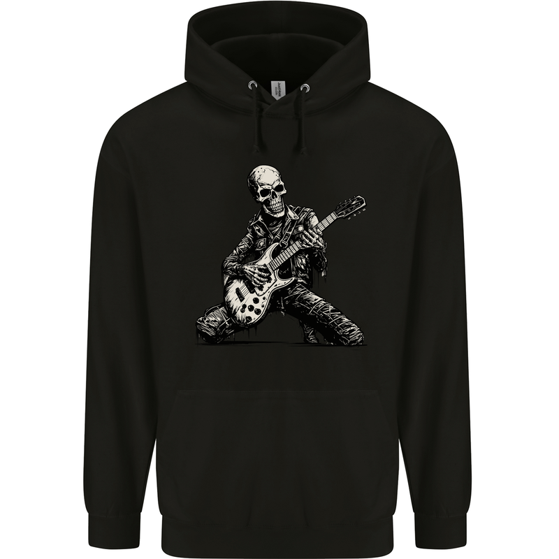 Rock n Roll Skeleton Skull Guitar Player Music Mens 80% Cotton Hoodie Black