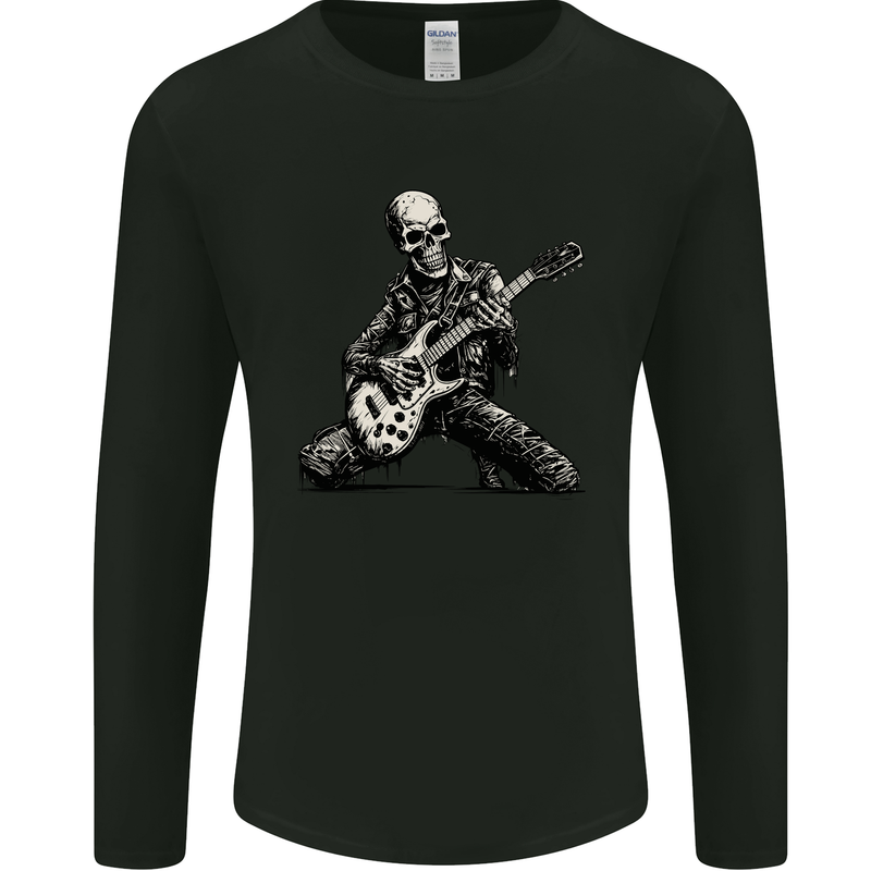 Rock n Roll Skeleton Skull Guitar Player Music Mens Long Sleeve T-Shirt Black