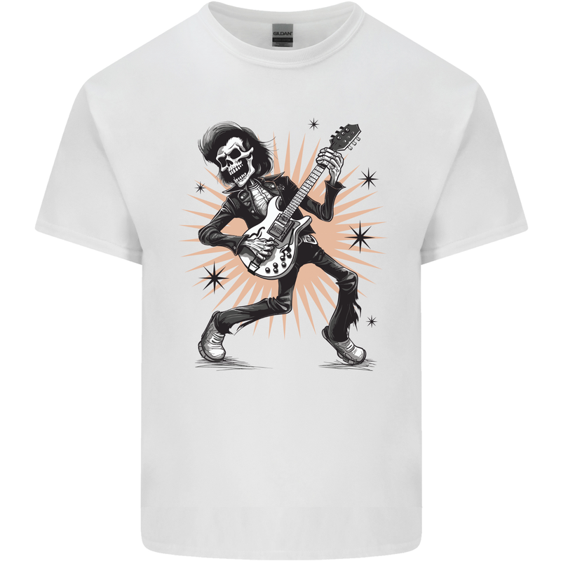 Rockabilly Skeleton Skull Guitar Rock n Roll Music Mens Cotton T-Shirt Tee Top White