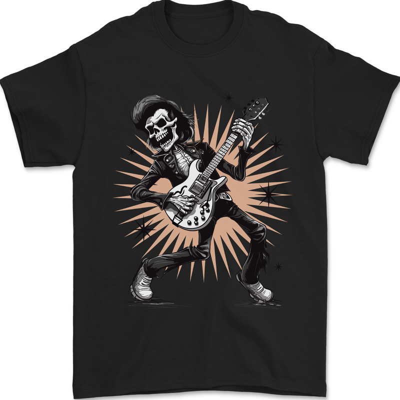 Rockabilly Skeleton Skull Guitar Rock n Roll Music Mens T-Shirt 100% Cotton Black