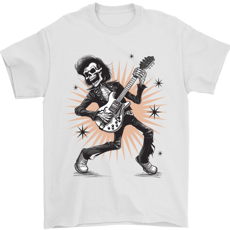 Rockabilly Skeleton Skull Guitar Rock n Roll Music Mens T-Shirt 100% Cotton White