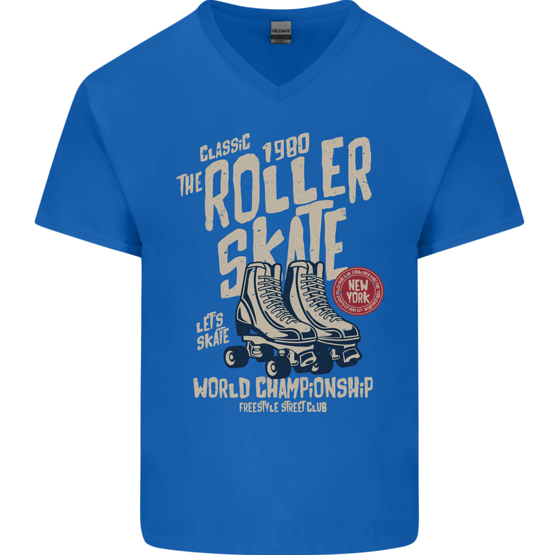 Roller Skate Retro Skating Boots Mens V-Neck Cotton T-Shirt Royal Blue