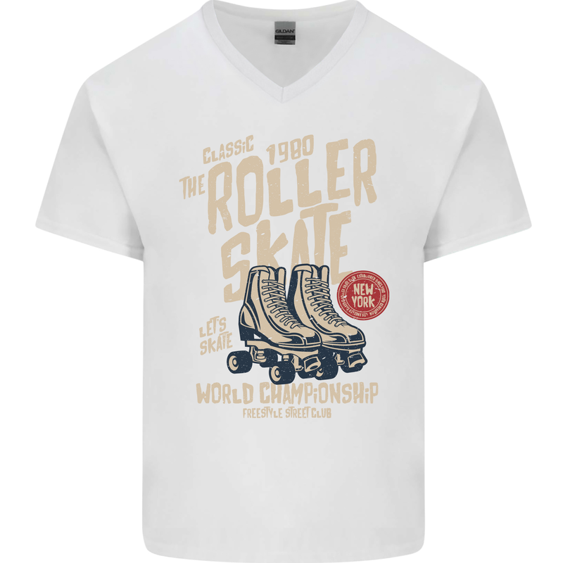 Roller Skate Retro Skating Boots Mens V-Neck Cotton T-Shirt White