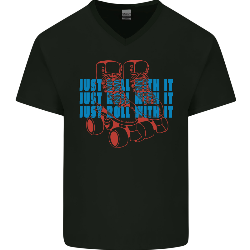 Roller Skating Just Roll With It Boots Mens V-Neck Cotton T-Shirt Black