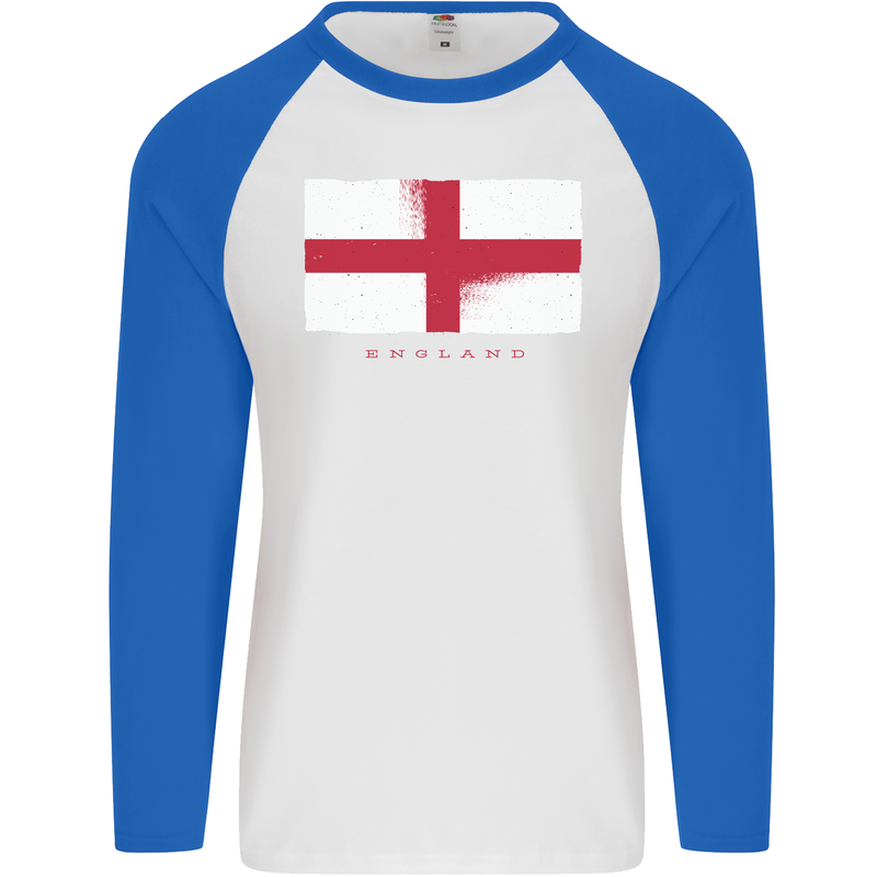 England Flag St Georges Day Rugby Football Mens L/S Baseball T-Shirt White/Royal Blue