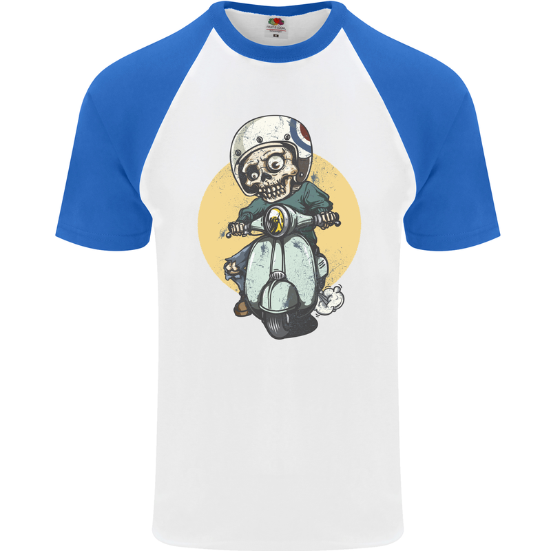 Mod Scooter Moped Skull Mens S/S Baseball T-Shirt White/Royal Blue